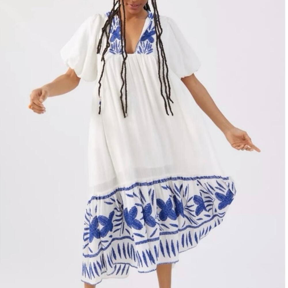 Urban Outfitters White Blue Embroidered BohoMidi Dress Square Neck Puff Sleeve S - Picture 2 of 8